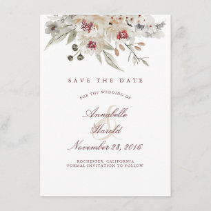 Ivory and Burgundy Watercolors Floral Save the Dat Date