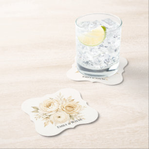 Ivory and Champagne Pearl White Floral Wedding Paper Coaster