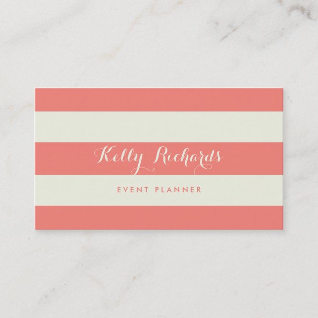 Ivory and Coral Pink Stripes Pattern Business Card (Front)