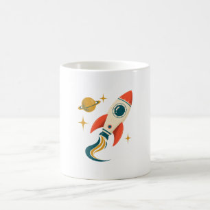 Ivory and Coral Retro Rocket with Ringed Planet Coffee Mug