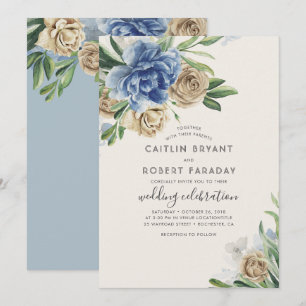 Ivory and Dusty Blue Floral Rustic Country Wedding Invitation
