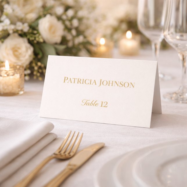 Ivory and Gold 50th Anniversary Folded Place Card (Folded place card on elegant table with florals, candles, and cutlery)