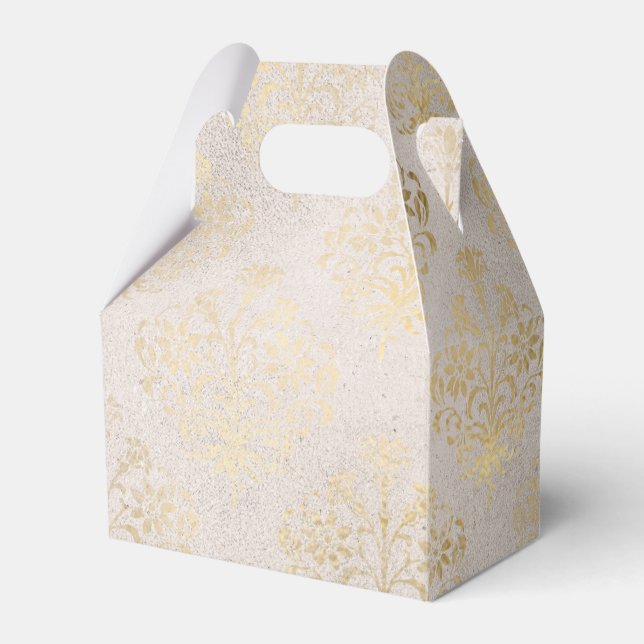 Ivory and Gold Grunge Distressed Damask Favor Box (Front Side)