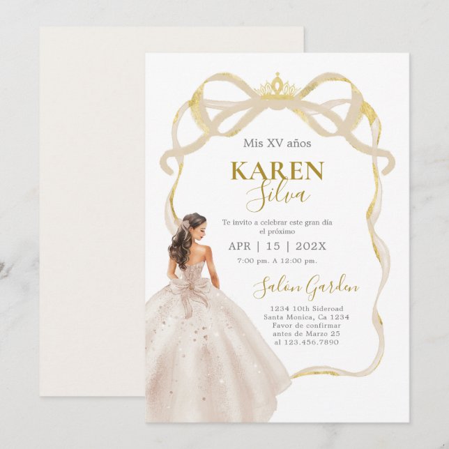 Ivory and Gold Quinceanera Invitation (Devant / Derrière)