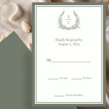 Ivory and Green Monogram Crest Wedding RSVP Card
