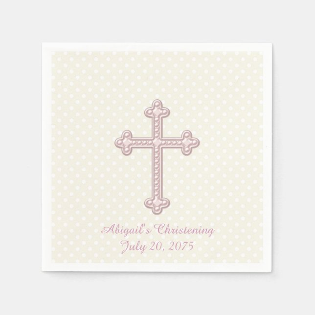 Ivory and Pink Cross Christening Napkin (Front)