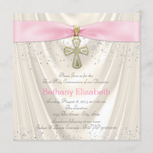 Ivory and Pink Cross First Communion Satin Glitter Invitation
