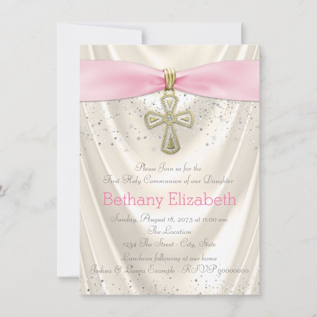Ivory and Pink Cross First Communion Satin Invitation (Front)