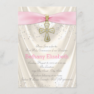 Ivory and Pink Cross First Communion Satin Invitation