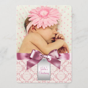 Ivory and Pink Damask Baby Girl Photo Christening Invitation