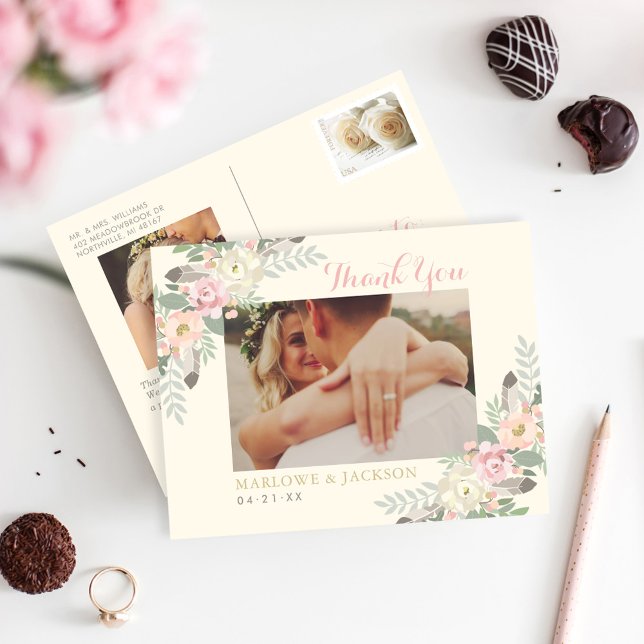 Ivory and Pink Floral Boho Wedding Photo Thank You Postcard (Creator Uploaded)