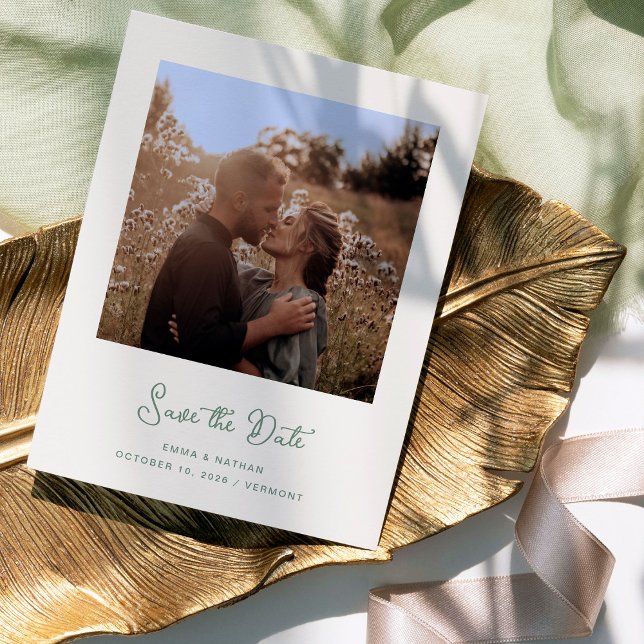 Ivory and Sage Green Photo | QR Code Save The Date Announcement Postcard (A simple and elegant ivory cream photo save the date card with sage green text and a QR code)