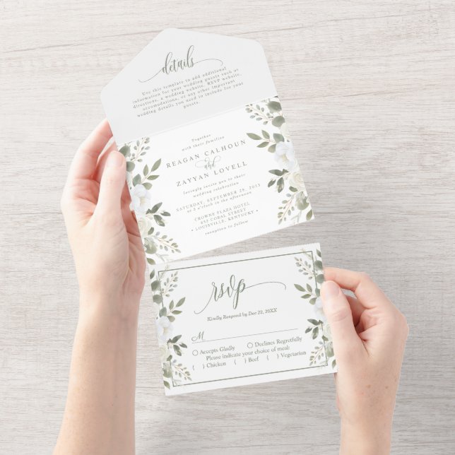 Ivory And Sage Sophisticated Floral Wedding All In One Invitation (Tearaway)