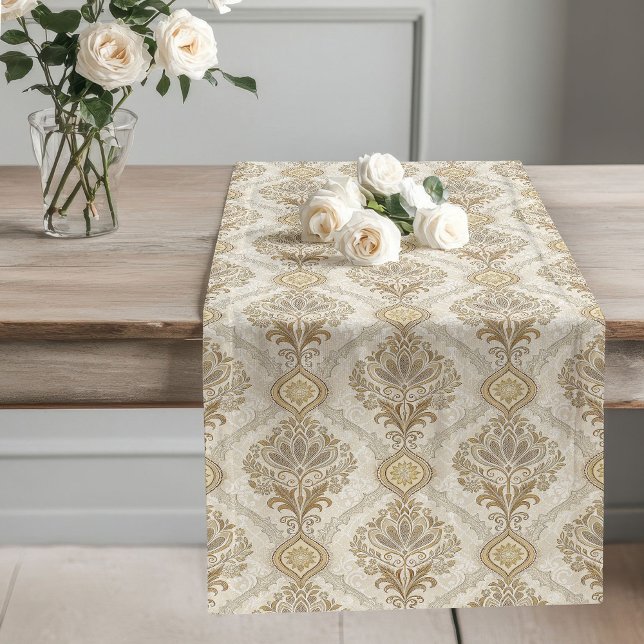 Ivory and Taupe Victorian Damask Table Accent Long Table Runner (Ivory and Taupe Victorian Damask Table Accent Long Table Runner)