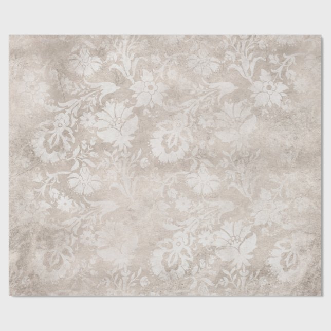 Ivory and White Grunge Distressed Damask Wrapping Paper (Flat)