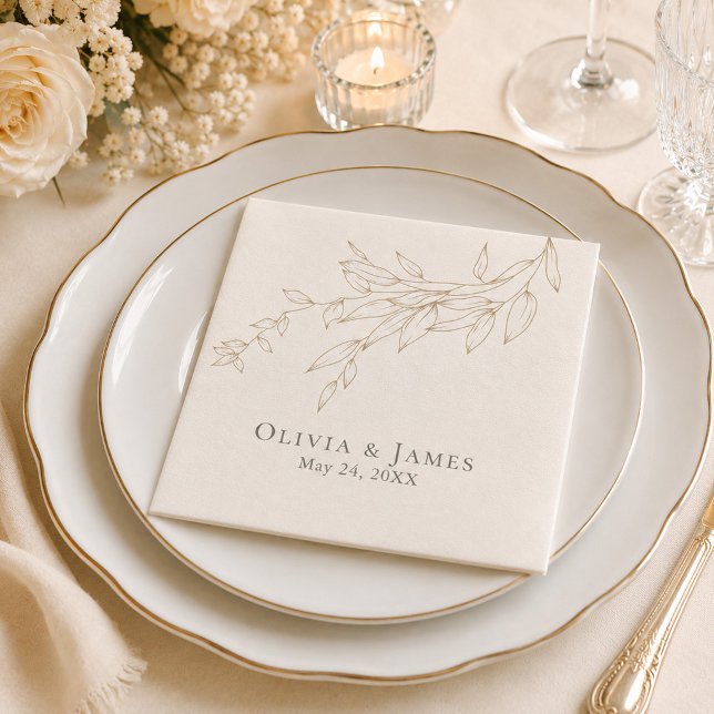 Ivory & Antique Gold Botanical Wedding Napkin (Ivory & Antique Gold Botanical Wedding Napkin on an elegant wedding dinner table with flowers)