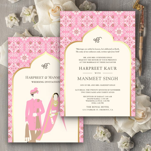 Ivory Baby Pink Pattern Anand Karaj Sikh Wedding Invitation (Creator Uploaded)