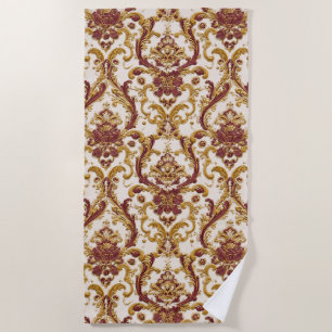 Ivory Baroque Ornament with Gold and Burgundy Beach Towel