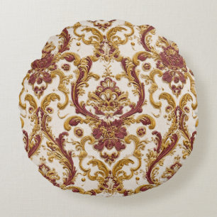 Ivory Baroque Ornament with Gold and Burgundy Round Pillow