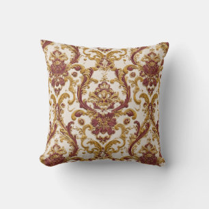Ivory Baroque Ornament with Gold and Burgundy Throw Pillow