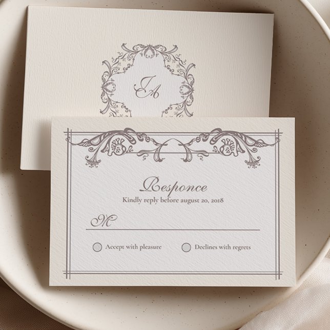 Ivory Baroque Wedding RSVP Card with Monogram (Creator Uploaded)