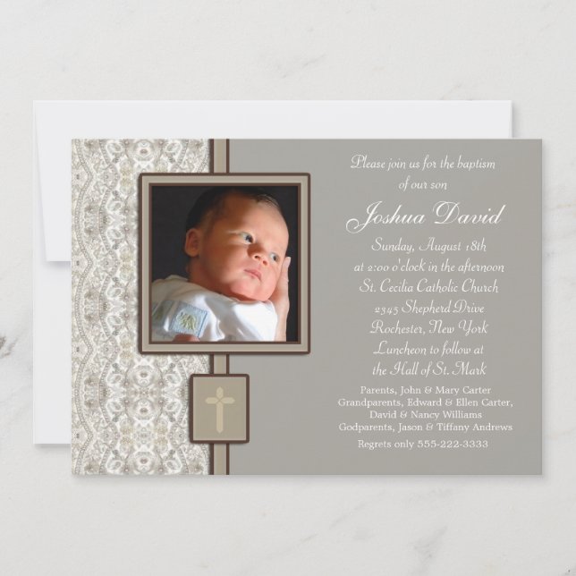 Ivory Beige Boy Photo Christening Invitation (Front)