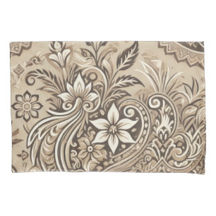 Ivory Beige Floral Boho Indonesia Batik Watercolor Pillowcase