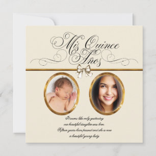 Ivory Beige Gold Photo Quinceanera Invitations