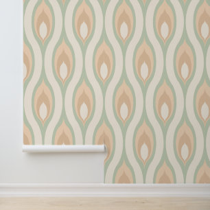 Ivory Beige Olive Sage Green Tan Ogee Wave Pattern Wallpaper