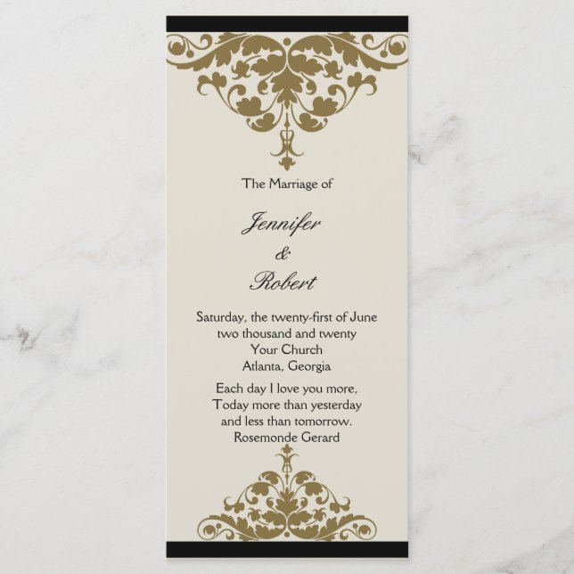 Ivory Black and Gold Damask Wedding Program (Front)