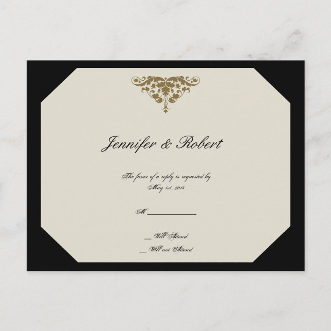 Ivory Black and Gold Damask Wedding RSVP Postcard (Front)