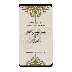 Ivory Black and Gold Damask Wedding Wine Label