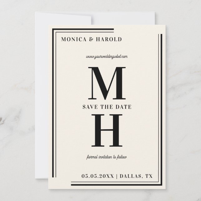 Ivory & Black Big Bold Monogram Stylish Elegant   Save The Date (Front)