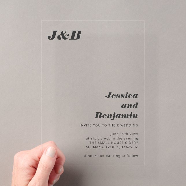 Ivory Black Bold Monogram Modern Chic Wedding Acrylic Invitations (Insitu (Handheld))