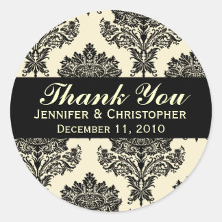 Ivory & Black Damask Round Wedding Labels