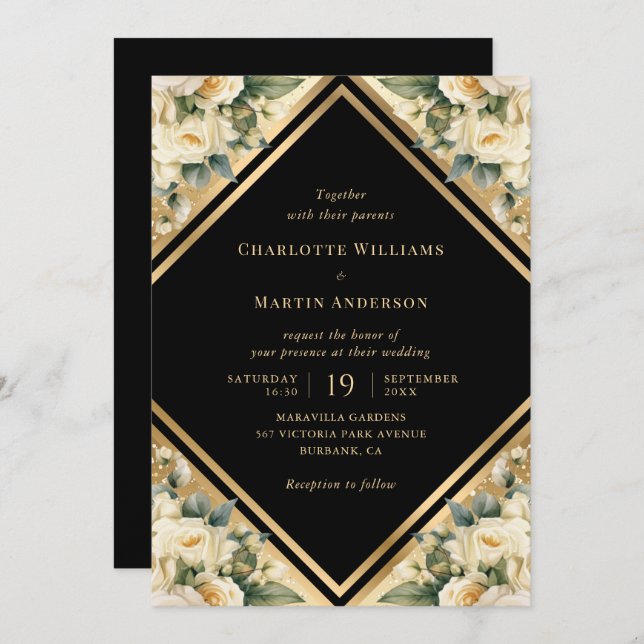 Ivory Black Gold Geometric Floral Wedding Invitation (Front/Back)