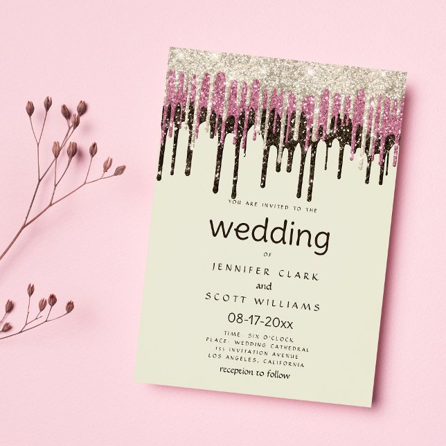 Ivory black gold pink glam glitter drips wedding  invitation (Ivory black gold pink glam glitter drips wedding)