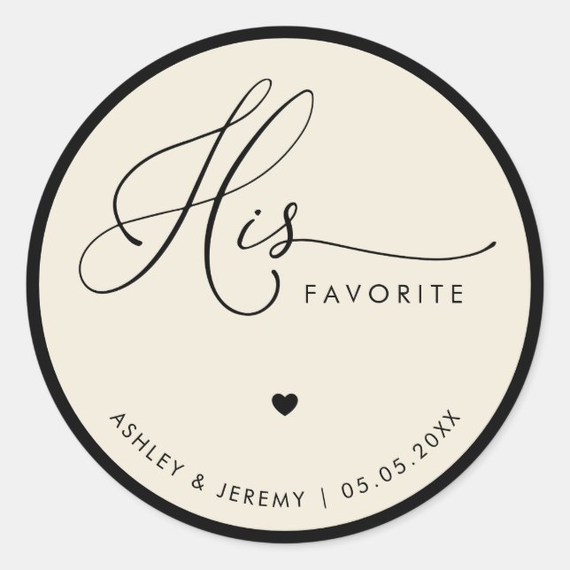 Ivory & Black His Favorite Wedding Favor   Classic Round Sticker (Front)