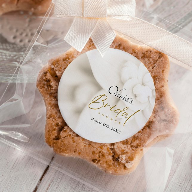 Ivory Bloom & Elegant Gold Script Bridal Shower Classic Round Sticker (Creator Uploaded)
