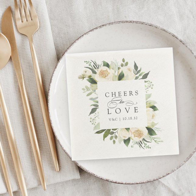 Ivory Bloom Floral Frame "Cheers to Love" Wedding Napkin (Creator Uploaded)
