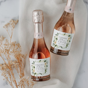 Ivory Bloom Floral Frame "Cheers to Love" Wedding Sparkling Wine Label