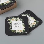 Ivory Bloom Floral Frame "Cheers to Love" Wedding Square Paper Coaster<br><div class="desc">Our Ivory Bloom watercolor floral wedding collection features delicately painted watercolor greenery,  eucalyptus leaves,  green botanical foliage and white and ivory peony flowers. "Cheers to love" appears in classic lettering with calligraphy script accents. Personalize these custom coasters with your initials and wedding date,  or your choice of custom text.</div>