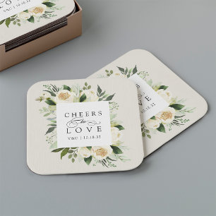 Ivory Bloom Floral Frame "Cheers to Love" Wedding Square Paper Coaster
