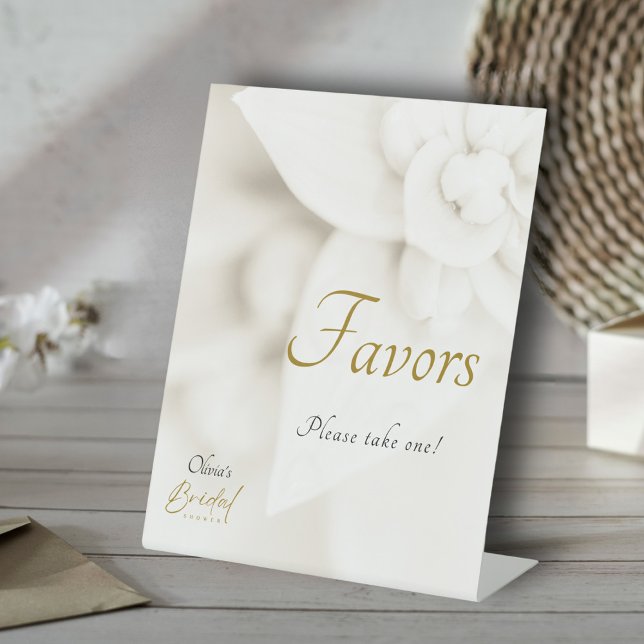 Ivory Bloom & Gold Script Bridal Shower Favours Pedestal Sign (Creator Uploaded)