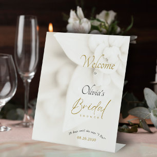 Ivory Bloom & Gold Script Bridal Shower Welcome Pedestal Sign
