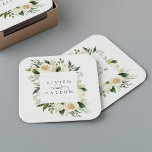 Ivory Bloom | Personalized Floral Frame Wedding Square Paper Coaster<br><div class="desc">Our Ivory Bloom watercolor floral wedding collection features delicately painted watercolor greenery,  eucalyptus foliage,  green botanical foliage and white and ivory peony flowers. Personalize these custom coasters with your names,  joined by a decorative script accent.</div>