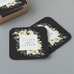 Ivory Bloom | Personalized Floral Frame Wedding Square Paper Coaster<br><div class="desc">Our Ivory Bloom watercolor floral wedding collection features delicately painted watercolor greenery,  eucalyptus foliage,  green botanical foliage and white and ivory peony flowers. Personalize these custom coasters with your names,  joined by a decorative script accent.</div>