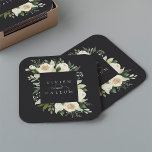 Ivory Bloom | Personalized Floral Frame Wedding Square Paper Coaster<br><div class="desc">Our Ivory Bloom watercolor floral wedding collection features delicately painted watercolor greenery,  eucalyptus foliage,  green botanical foliage and white and ivory peony flowers. Personalize these custom coasters with your names,  joined by a decorative script accent.</div>