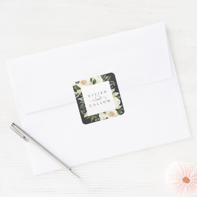 Ivory Bloom | Personalized Floral Frame Wedding Square Sticker (Envelope)