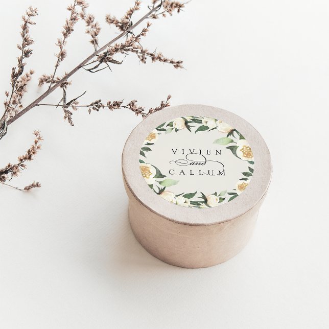 Ivory Bloom | Personalized Floral Wreath Wedding Classic Round Sticker (Creator Uploaded)